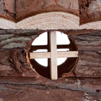 Gros plan sur une structure en bois naturel avec ouverture ronde et croisillon central, écorce visible. Matériau : bois.