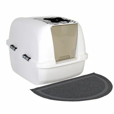 Weisse Katzentoilette mit Zebra-Muster, transparenter Klapptür und passender grauer Matte.