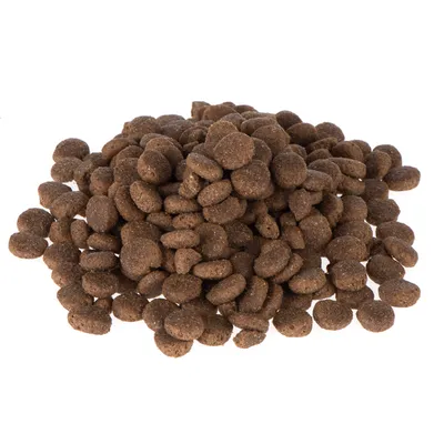 Crocchette di cibo secco marroni di forma ovale, impilate sfuse.