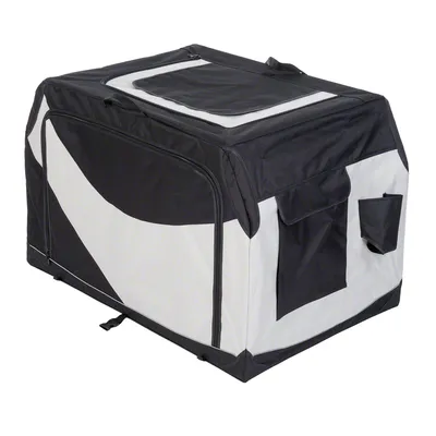 Opvouwbare transportbox van zwart-wit textiel met ritsopening bovenop, zijvak en handvat. Geschikt voor vervoer of verblijf van huisdieren. Materiaal: stof.