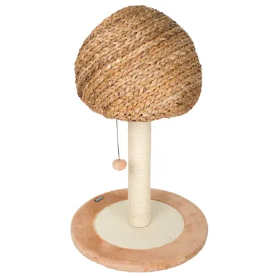 Cat tree in mushroom shape with woven natural material, sisal scratching post and play ball on string. Round base with soft padding.
