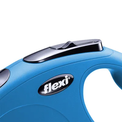 Close-up of a blue retractable lead handle with a visible locking button and the word 'flexi' on the side.