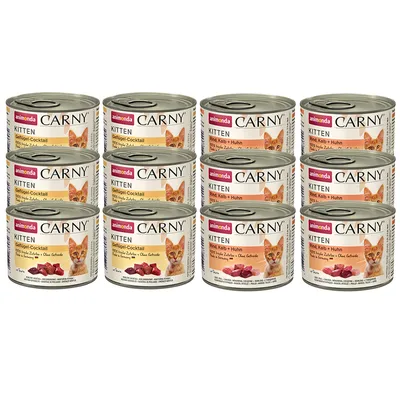 12 konzerv Animonda Carny Kitten, viditelné příchutě Geflügel-Cocktail a Rind, Kalb + Huhn, obrázek kotěte na etiketě, text bez obilovin