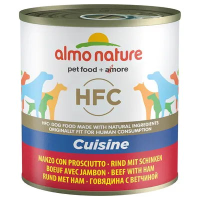 Консерва almo nature HFC Cuisine, говядина с ветчина. Видими надписи: pet food + amore, HFC, DOG FOOD MADE WITH NATURAL INGREDIENTS, BEEF WITH HAM, ГОВЯДИНА С ВЕТЧИНА.