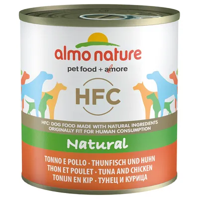 Консерва Almo Nature HFC Natural, тунец и курица. Видими надписи: pet food + amore, HFC, Natural, HFC: dog food made with natural ingredients, тунец и курица.