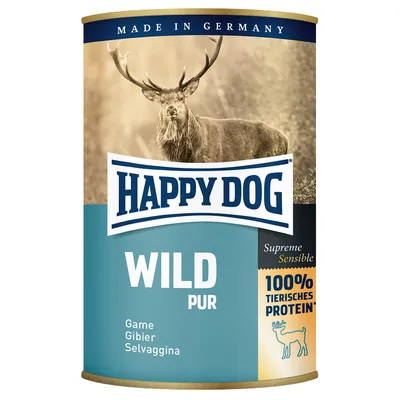 Konzerva Happy Dog Wild Pur, Supreme Sensible, 100 % tierisches Protein, Made in Germany. Text: Game, Gibier, Selvaggina. Obrázok jeleňa na etikete.