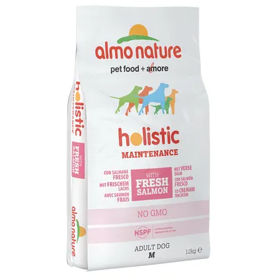 almo nature holistic maintenance adult dog M, met verse zalm, no GMO, 12 kg. Tekst: pet food + amore, with fresh salmon, NSPF natural sustainable ingredients for pet food.