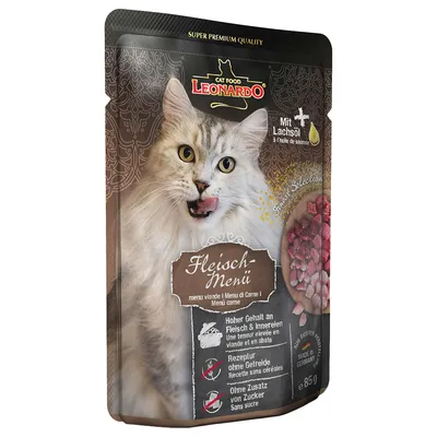 LEONARDO Cat Food Fleisch-Menü, con olio di salmone, alto contenuto di carne e frattaglie, senza cereali né zuccheri aggiunti, confezione da 85 g. Testo in tedesco e francese.
