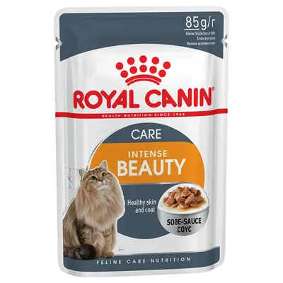Royal Canin Intense Beauty Care 85 г пауч за котки, изображение на дългокосместа котка, текст: Healthy skin and coat, Sobe-Sauce соус