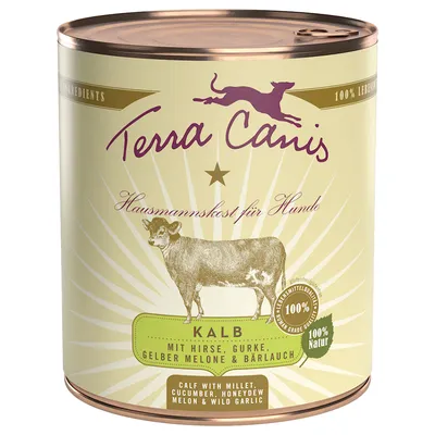 Terra Canis Hausmannskost für Hunde, KALB mit miglio, cetriolo, melone gialla e aglio orsino. 100% Natur. Testo in tedesco e inglese visibile sull'etichetta.