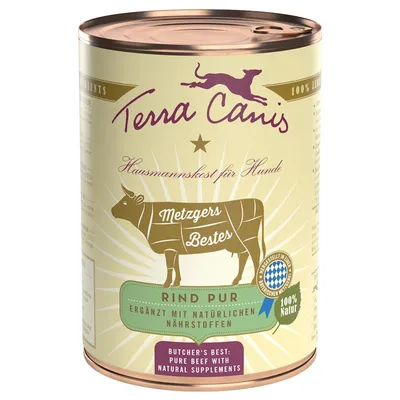 Blik Terra Canis hondenvoer, tekst: Metzgers Bestes, Rind Pur, ergänzt mit natürlichen Nährstoffen, 100% Natur. Butcher’s Best: Pure beef with natural supplements.