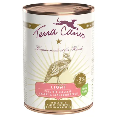Terra Canis tin, Light recipe. Visible text: Turkey with celery, pineapple & buckthorn berries. <3% fat. 100% natur. Pute mit Sellerie, Ananas & Sanddornbeeren. Hausmannskost für Hunde.
