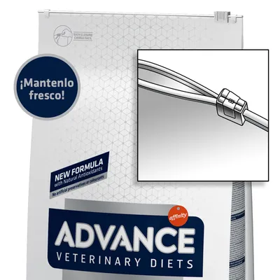 Saco de pienso ADVANCE Veterinary Diets con cierre fácil. Texto visible: ¡Mantenlo fresco!, NEW FORMULA with Natural Antioxidants, No artificial preservatives or colourants.