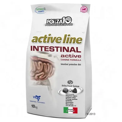 FORZA10 Nutraceutic active line INTESTINAL active canine formula, 10 kg. Text: Intestinal protection diet, Active Fresh System, Made in Italy, lista ingredienser synlig på förpackningen.