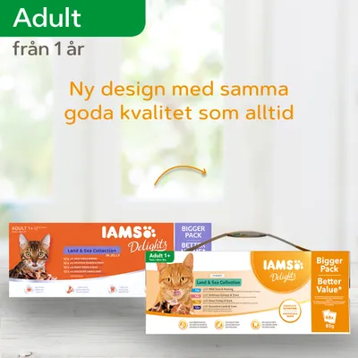 IAMS Delights Land & Sea Collection Adult 1+ kattmat, ny förpackningsdesign visas bredvid tidigare design. Text: Ny design med samma goda kvalitet som alltid. Bigger Pack Better Value.