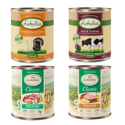 Vier Dosen Lukullus Hundefutter: Putenherzen & Gans, Rind & Truthahn, Classic Rabbit and Game, Classic Poultry and Lamb. Alle 800g für Erwachsene Hunde.