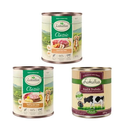 Drei Dosen Lukullus Hundefutter: Classic Duck and Veal, Classic Poultry and Lamb, Rind & Truthahn. Jeweils 800g, mit natürlichen Zutaten und Getreidefrei-Rezept.