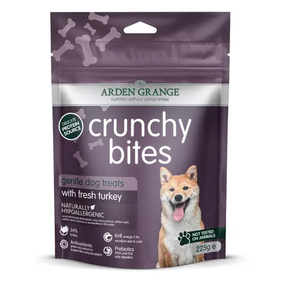 Crunchy bites gentle dog treats with fresh turkey, naturally hypoallergenic, antioxidants, krill omega 3, prebiotics, not tested on animals, 225g.