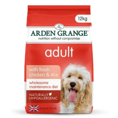 12kg Arden Grange adult food with fresh chicken and rice, wholesome maintenance diet, naturally hypoallergenic, made in the UK.