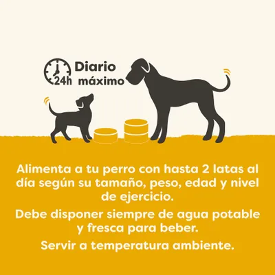 Alimenta a tu perro con hasta 2 latas por día, dependiendo de su tamaño, peso, edad y nivel de actividad. Proporciona siempre agua fresca para beber. Servir a temperatura ambiente. Alimenta a tu perro con hasta 2 latas por día, dependiendo de su tamaño, peso, edad y nivel de actividad. Proporciona siempre agua fresca para beber. Servir a temperatura ambiente.