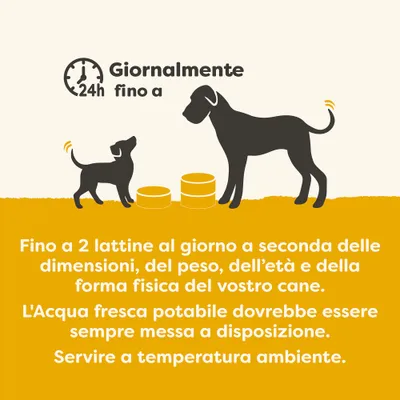 Razioni consigliate: Fino a 2 lattine quotidianamente, a seconda della taglia, peso, età e forma fisica del cane. Mettere a disposizione acqua potabile fresca. Servire a temperatura ambiente. Razioni consigliate: Fino a 2 lattine quotidianamente, a seconda della taglia, peso, età e forma fisica del cane. Mettere a disposizione acqua potabile fresca. Servire a temperatura ambiente.