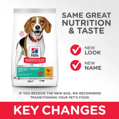 Hill's Science Plan Perfect Weight Medium Adult 11–25 kg Chicken -koiranruokapakkaus. Teksti: Same great nutrition & taste, new look, new name, key changes.