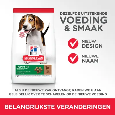 Hill's Science Plan Puppy <1 Medium 11–25 kg Lam & Rijst hondenvoer, nieuw design en nieuwe naam. Belangrijkste veranderingen: dezelfde uitstekende voeding & smaak.