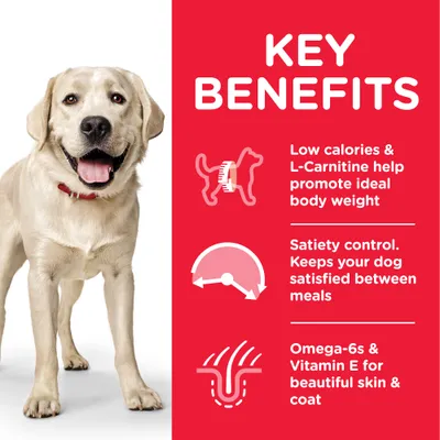 Key benefits: low calories and L-Carnitine for ideal body weight, satiety control to keep your dog satisfied between meals, Omega-6s and Vitamin E for healthy skin and coat.