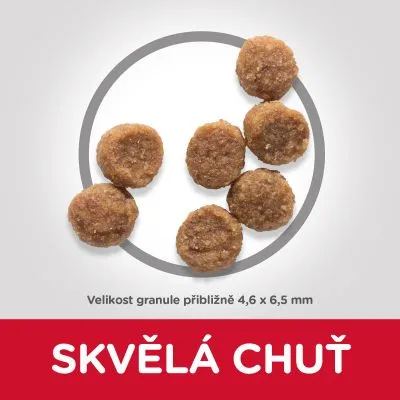 Granule, velikost přibližně 4,6 × 6,5 mm. Text: SKVĚLÁ CHUŤ.