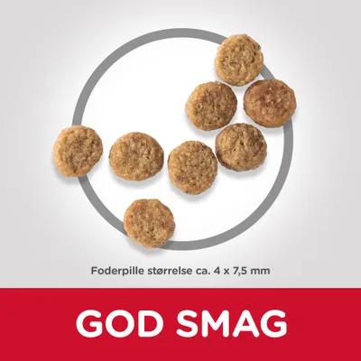 Foderpiller vist med tekst: Foderpille størrelse ca. 4 x 7,5 mm. Nederst står der: GOD SMAG.