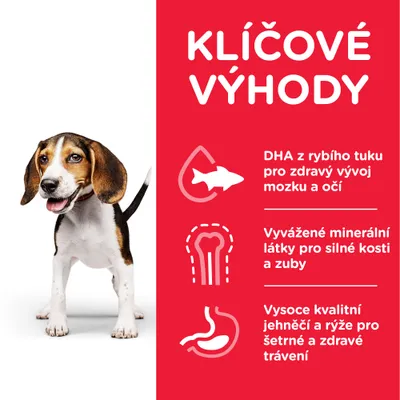 KĽÍČOVÉ VÝHODY: DHA z rybieho tuku pre zdravý vývoj mozgu a očí, vyvážené minerálne látky pre silné kosti a zuby, kvalitné jahňacie a ryža pre šetrné trávenie. Text v češtine.