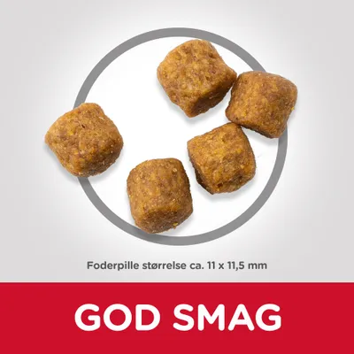 Fem foderpiller, tekst: Foderpille størrelse ca. 11 x 11,5 mm. Nederst står: GOD SMAG.