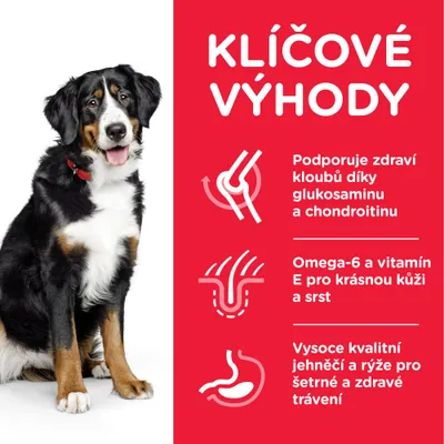 KĽÍČOVÉ VÝHODY: Podporuje zdravé kĺby vďaka glukosamínu a chondroitínu, omega-6 a vitamín E pre kožu a srsť, kvalitné jahňacie a ryža pre šetrné trávenie. Text v češtine.