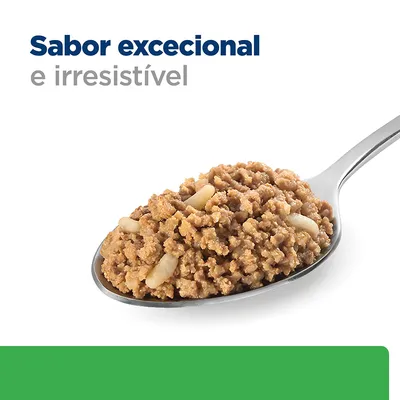 Texto visível: 'Sabor excecional e irresistível'. Colher com comida húmida para animais de estimação em destaque.