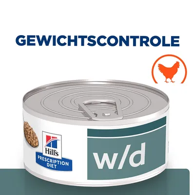 Hill's Prescription Diet w/d natvoer blik, tekst 'GEWICHTSCONTROLE', afbeelding van kip, productlabel en voer zichtbaar op de verpakking.