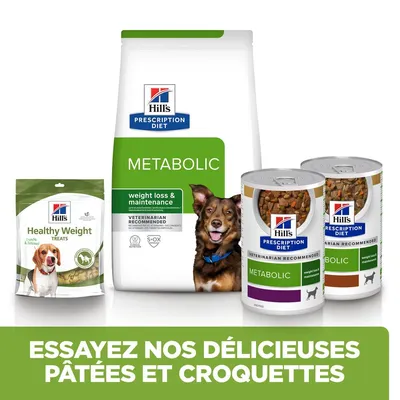 Hill's Prescription Diet Metabolic croquettes, pâtées et friandises Healthy Weight pour chien. Texte : Essayez nos délicieuses pâtées et croquettes.