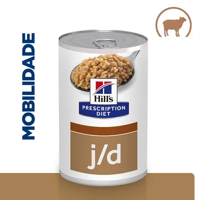Lata de comida húmida Hill's Prescription Diet j/d, rótulo com texto 'MOBILIDADE' e imagem de uma colher com alimento. Símbolo de vaca visível no canto superior direito.