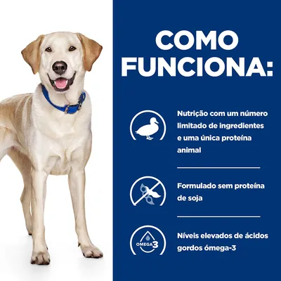 Como funciona: Nutrição com um número limitado de ingredientes e uma única proteína animal. Formulado sem proteína de soja. Níveis elevados de ácidos gordos ómega-3.