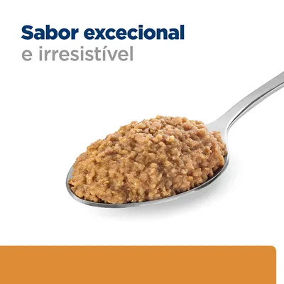 Colher com comida húmida castanha e texto: 'Sabor excecional e irresistível'.