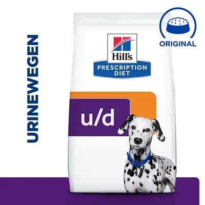 Hill's Prescription Diet u/d hondenvoer, tekst 'URINEWEGEN' en 'ORIGINAL', afbeelding van een dalmatiër voor de verpakking.