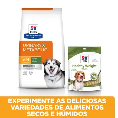 Hill's Prescription Diet Urinary + Metabolic c/d Multicare e Hill's Healthy Weight Treats para cães. Texto: Experimente as deliciosas variedades de alimentos secos e húmidos.