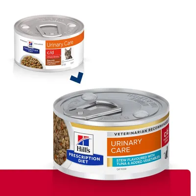 Boîte Hill's Prescription Diet Urinary Care c/d pour chat, nouvelle version : Stew flavoured with tuna & added vegetables. Ancienne version : Urinary Stress avec poulet et légumes.