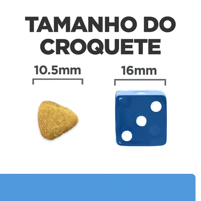 Tamanho do croquete: comparação visual entre um croquete de 10,5 mm e um dado azul de 16 mm. Texto visível: 'TAMANHO DO CROQUETE', '10.5 mm', '16 mm'.
