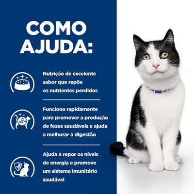 Texto: Como ajuda: Nutrição de excelente sabor que repõe os nutrientes perdidos. Promove fezes saudáveis e melhora a digestão. Reforça energia e sistema imunitário saudável.