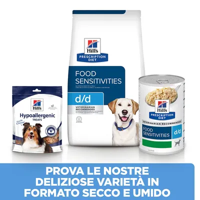 Hill's Prescription Diet Food Sensitivities d/d crocchette e cibo umido per cani, snack Hypoallergenic Treats. Testo: Prova le nostre deliziose varietà in formato secco e umido.