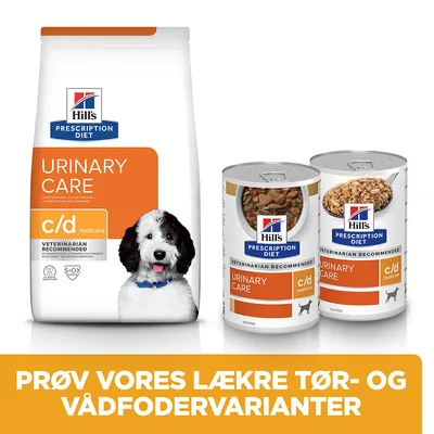 Hill's Prescription Diet Urinary Care c/d multicare tørfoder og vådfoder til hund, tekst: PRØV VORES LÆKRE TØR- OG VÅDFODERVARIANTER
