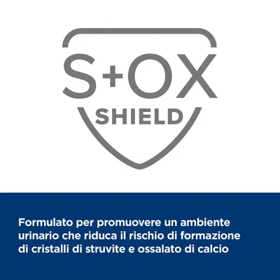 S+OX SHIELD. Formulato per promuovere un ambiente urinario che riduca il rischio di formazione di cristalli di struvite e ossalato di calcio.