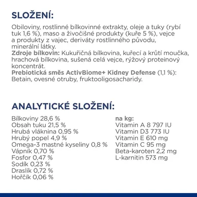 Složení: obiloviny, rostlinné bílkovinné extrakty, oleje a tuky, maso a živočišné produkty (kuře 5 %), vejce, minerální látky. Analytické složení: bílkoviny 28,6 %, tuk 21,5 %, vápník 0,70 %.