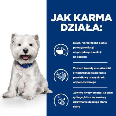 JAK KARMA DZIAŁA: Nowe, nierozłożone białko pomaga unikać niepożądanych reakcji na pokarm. Zawiera bioaktywne składniki i fitoskładniki wspierające odporność. Zawiera kwasy omega-3 z oleju rybiego.