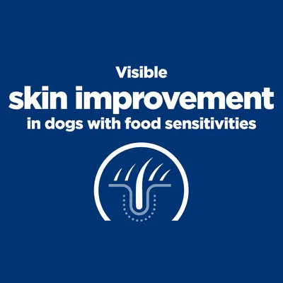 Visible skin improvement in dogs with food sensitivities. Szöveg angol nyelven, bőr és szőr grafikus ábrája alatt.